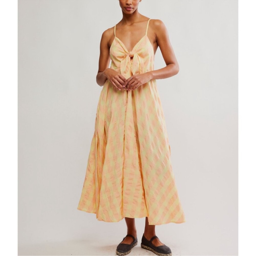 Free People Peach & Cream Tie-Front Button Midi Dress - Picture 3 of 15